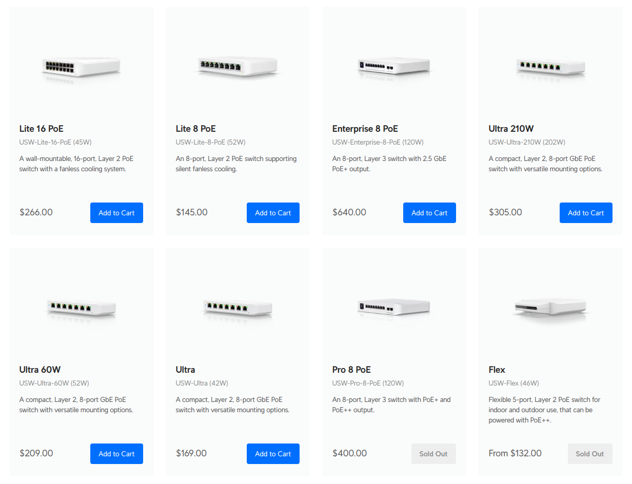 screenshot of a webpage showing different network switch products